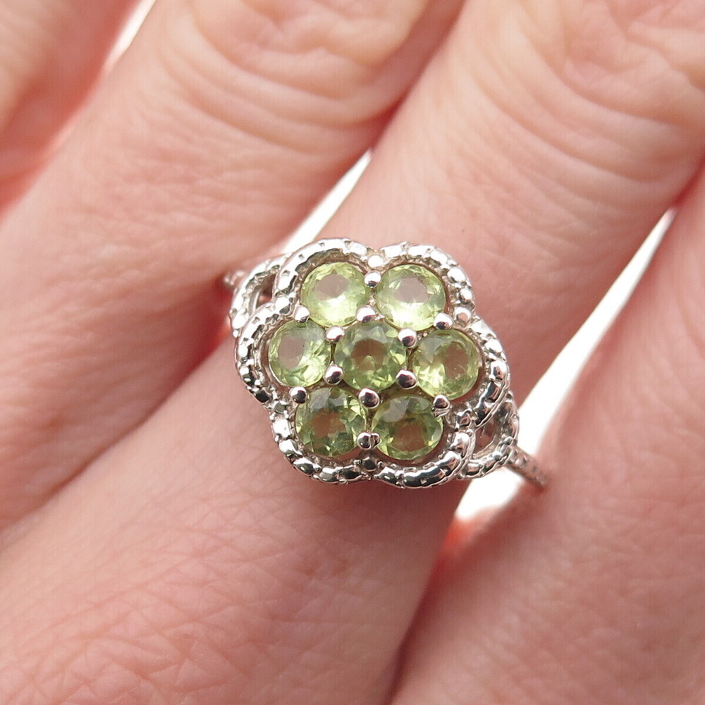 Chuck Clemency 925 Sterling Silver Real Round-Cut Peridot Cluster Ring Size 7